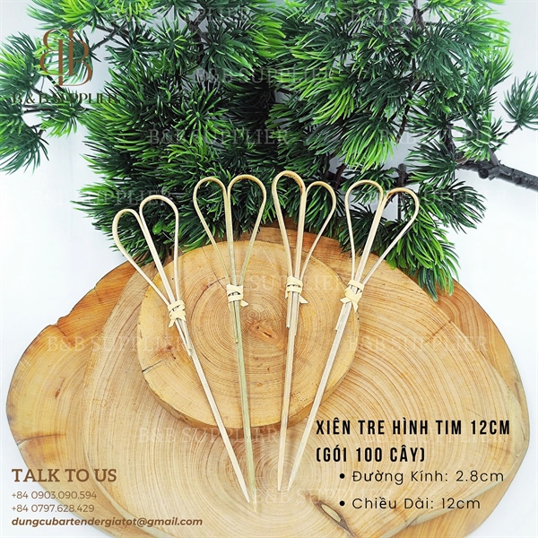 Xiên Tre Cong Màu Đỏ 12cm (Gói 100 Cây) - Mẫu Đuôi Tim - Màu Tre