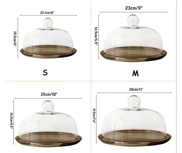 Lồng Chụp Thủy Tinh Trưng Bày Bánh Ngọt – Dĩa Gỗ 25cm, Nắp Chụp 22.5cm - ảnh 2