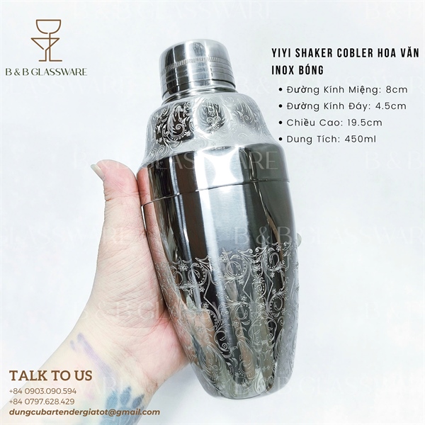 Yiyi Cobbler Shaker Hoa Văn Inox Bóng 5