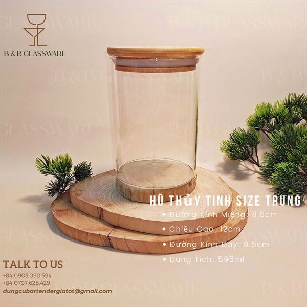 Hũ Thủy Tinh Nắp Gỗ Cao 15cm