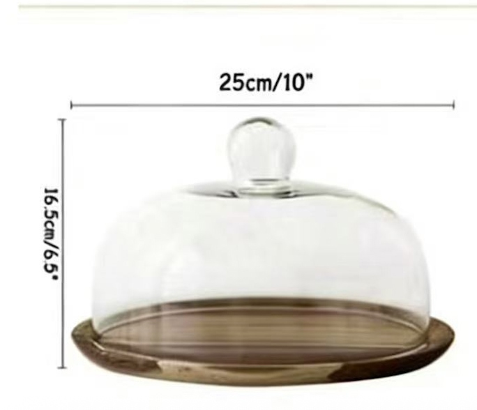 Lồng Chụp Thủy Tinh Trưng Bày Bánh Ngọt 28cm Dĩa Gỗ 3