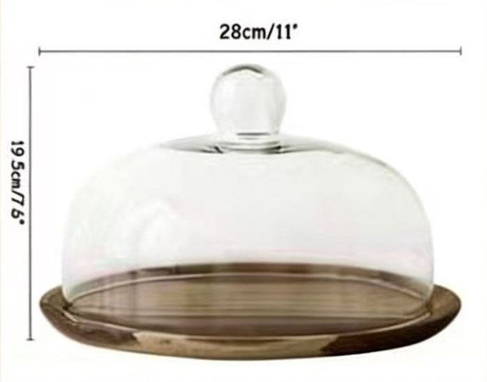 Lồng Chụp Thủy Tinh Trưng Bày Bánh Ngọt 28cm Dĩa Gỗ 2