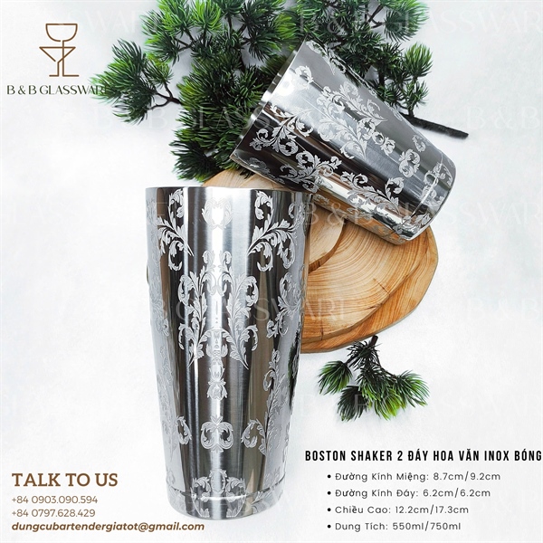 Bộ Boston Shaker 2 Đáy Hoa Văn Inox Bóng - ảnh 2
