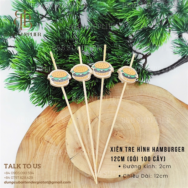 Xiên Tre Cong Màu Đỏ 12cm (Gói 100 Cây) - Mẫu Đuôi Hamburger