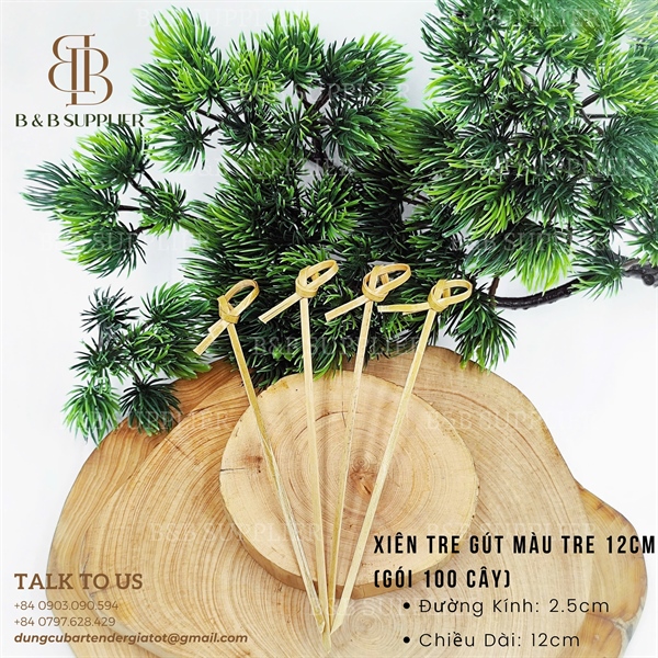 Xiên Tre Cong Màu Đỏ 12cm (Gói 100 Cây) - Mẫu Đuôi Gút - Màu Tre